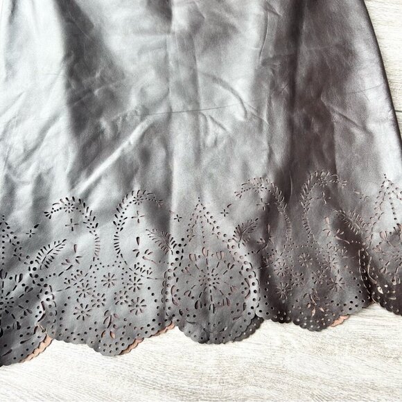 Peter Nygard Brown Buttery Leather Laser Cutout Hem Midi Skirt - Picture 3 of 13